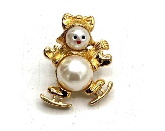 Vintage Ice Skating Snowman Girl Brooch Faux Pearl Gold Tone Pin Holiday