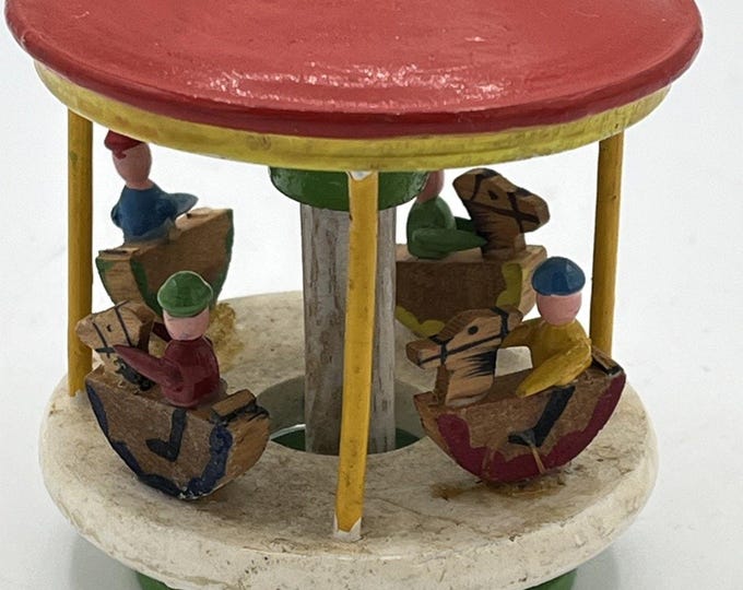 Erzgebirge Wooden Mini 3in Carousel Merry Go Round c1940s 50s Vtg