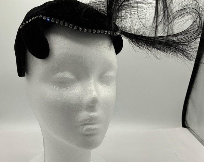 Vintage May Co Cleveland Black Velvet Fascinator, Rhinestone Feather Cocktail Hat