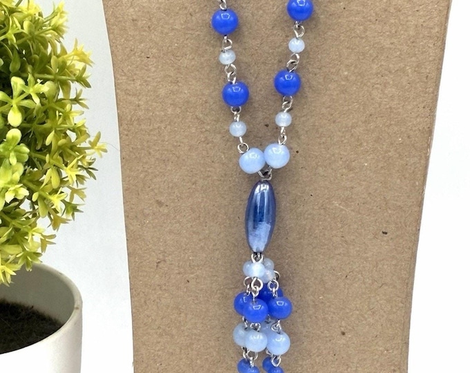 Vintage Blue Glass Bead Necklace 20” Y Drop Dangle Tassel Statement Jewelry