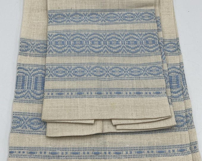 Vintage Embroidered Tea Towel & Napkin Set • Beige Blue Linen Blend • Mid‑Century Kitchen Textiles • Set of 2