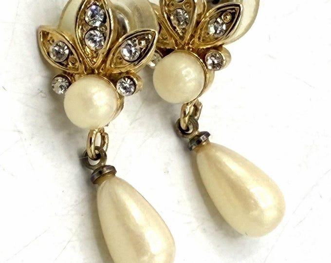 Vintage Faux Pearl Rhinestone Drop Earrings Fleur Leaf Gold Tone Clip On