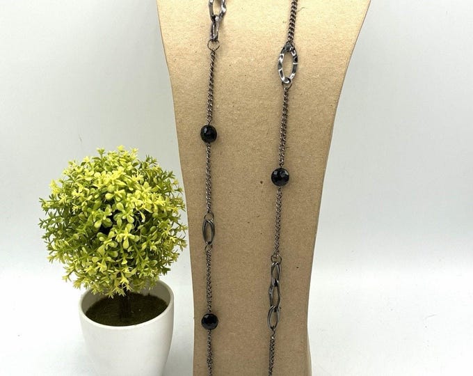 Asymmetrical Gunmetal Chain Necklace Black Faceted Beads Geometric Links 43”