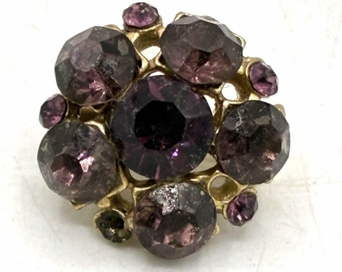Vintage Amethyst Purple Rhinestone Cluster Brooch Round Domed Pin