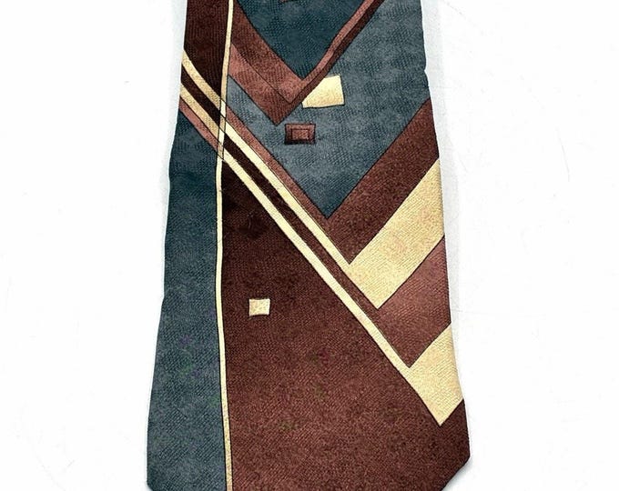 Vintage Bugatti Silk Tie Brown Gray Gold Geometric Abstract Mens Necktie