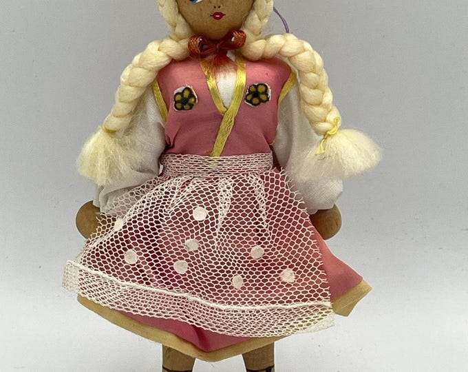 Ethnic Gromada Vtg Polish Wooden Peg Doll Folk Art Blond Braids Floral Dress 7”