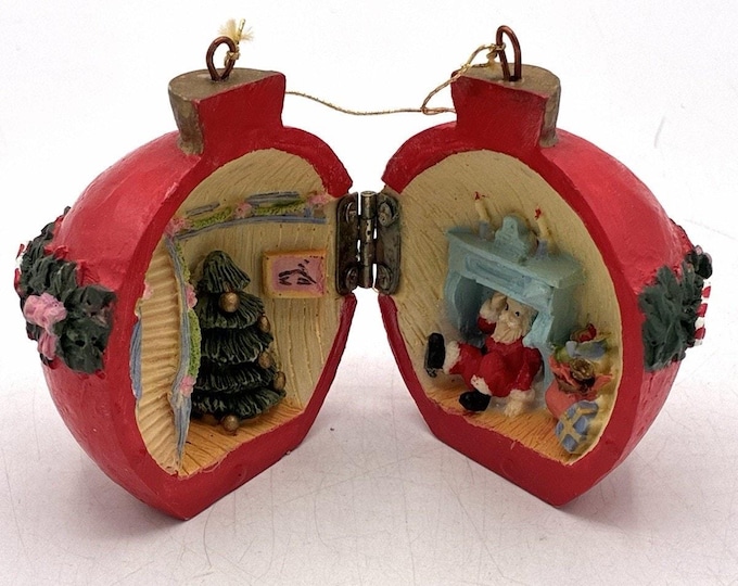 Vintage Miniature Christmas Ornament Hinged Santa Diorama Tree Fireplace 2.5”