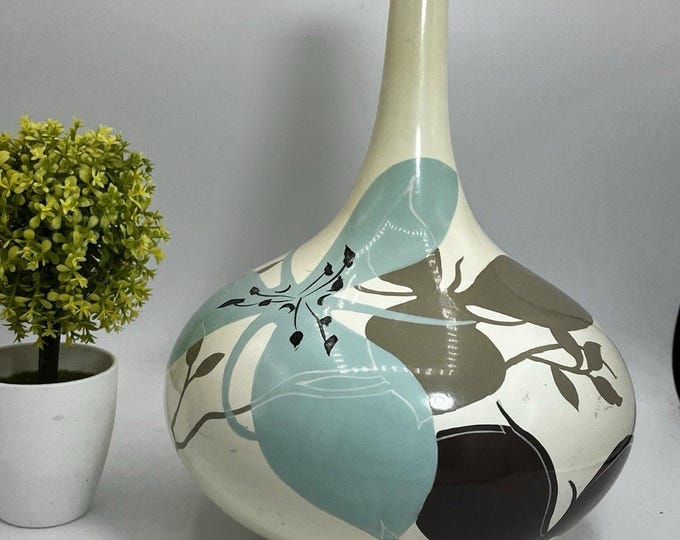 Vintage TOYO Jill Rosenwald Vase 1960s MCM Ivory Turquoise Floral Ceramic