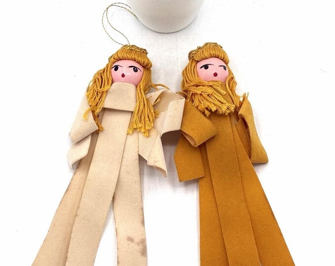 Vintage Folk Art Angel Ornaments Set of 2 Felt Yarn Hair Painted Wood Head