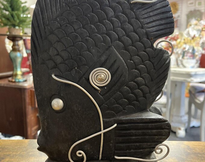 Hand Carved Black Fish W/ Silver Metal Swirls Wooden Wood Figure 12.5”x7.5” Art