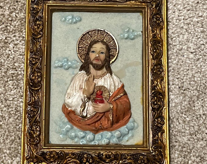 Vintage Jesus Sacred Heart 3D Wall Hanging 6x5 Felt And Resin MCM