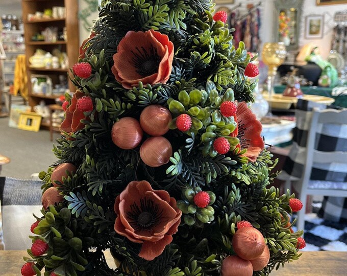 Vtg Mid-Century Plastic Floral Poppies Fruit Arrangement Centerpiece Xmas Tree