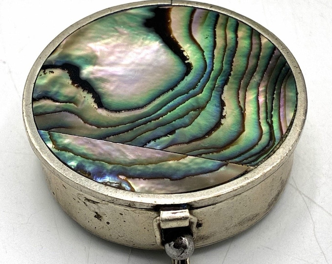 Vintage Alpaca Mexico Abalone Shell Round Trinket Pill Box 2” Silver Tone