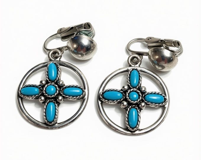 Vintage Sancrest Clip Earrings Silver Tone Cross Faux Turquoise Southwest