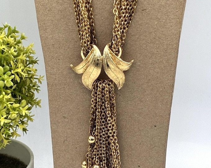 Vintage Gold Tone Multi Chain Tassel Necklace 18” Statement Leaf Pendant