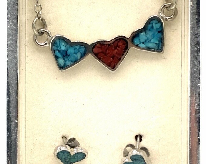 Genuine Turquoise Coral Chip Heart Necklace Earring Set Silver Tone Original Box