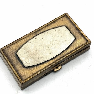 Vintage Gold Tone Calling Card Case Engraved Dolly Engine Turned Hinged Box