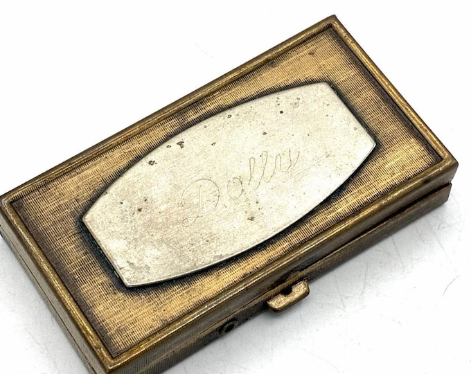 Vintage Gold Tone Calling Card Case Engraved Dolly Engine Turned Hinged Box