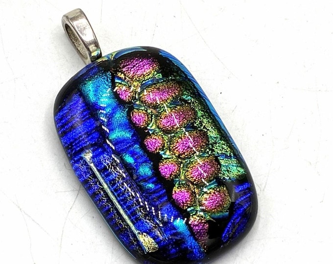 Dichroic Fused Glass Pendant Blue Pink Green Iridescent Art Glass Necklace 1.5”