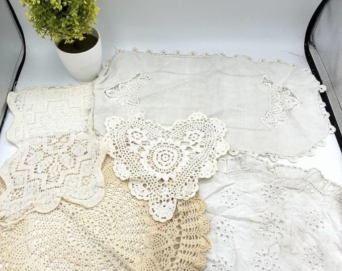 Vintage Linen Lot – Crochet Doilies Lace Embroidery Assorted Table Linens