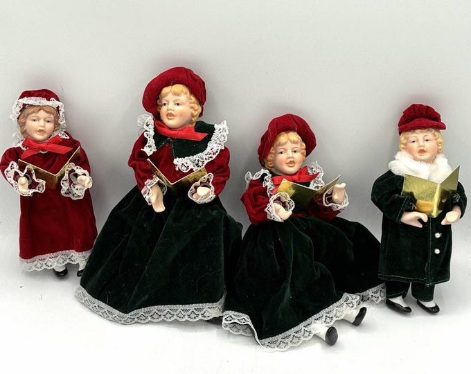 Set 4 Porcelain Face Christmas Caroler Dolls Handmade Velvet Red Green Lace