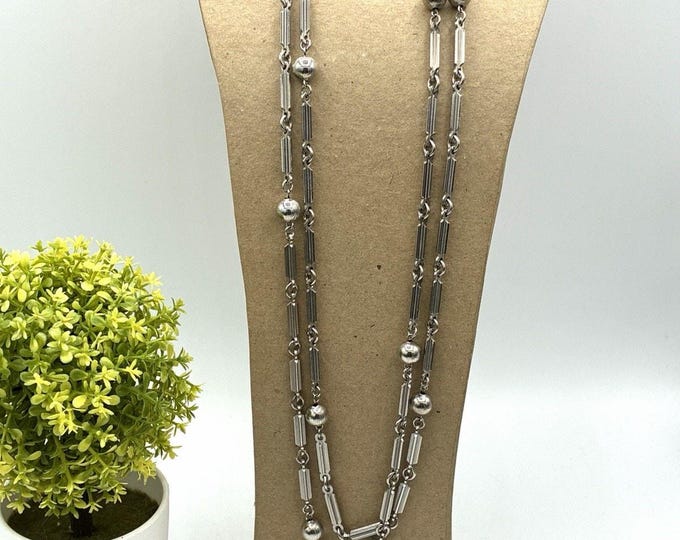 Vintage 55” Long Silver Tone Necklace Heavy Tube Bead Chain Single Strand