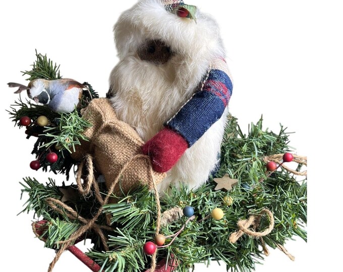 Vintage Artisan Santa on Wooden Sleigh with Bird and Gifts Handcrafted Christmas Decor