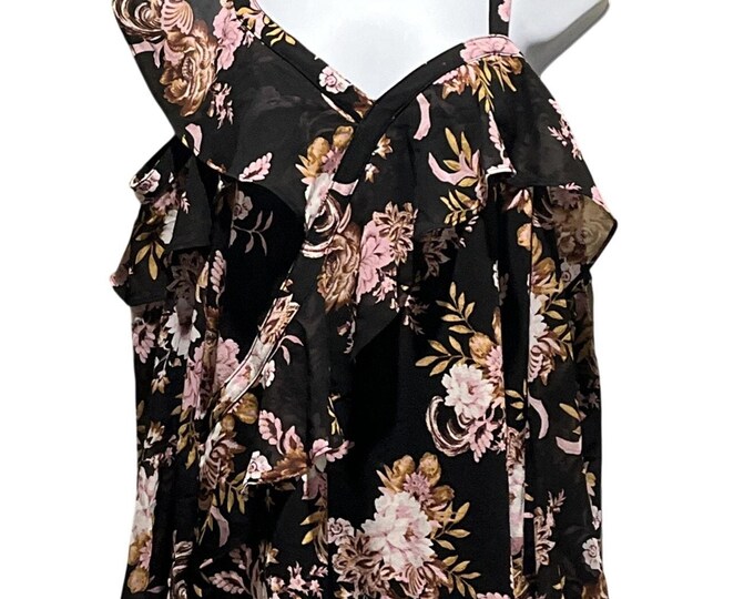 INC Black Floral Ruffle Blouse – Sleeveless Layered Feminine Top – Women’s M