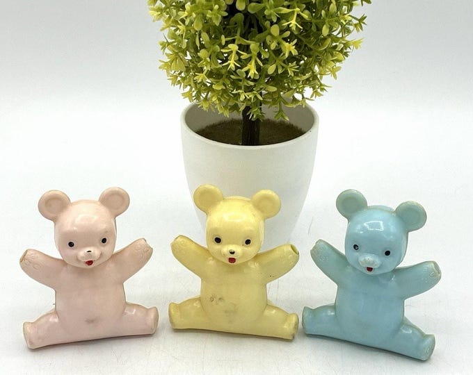 Lot 3 Vintage Hong Kong Pastel Hard Plastic Teddy Bear Baby Rattles Pink Yellow