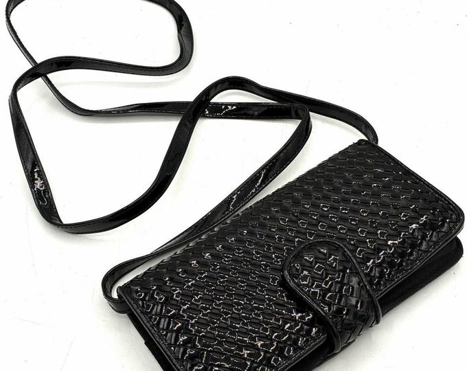 Vintage Milor Black Faux Patent Woven Crossbody Organizer Purse Mirror 8”
