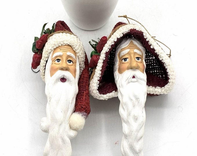 Vintage Resin Santa Face Long Beard Ornaments Set of 2 Folk Art Burlap Hat 7in