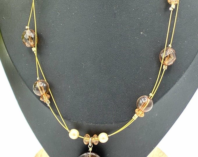 Brown Pendant Necklace 16” Double Strand Gold Tone Peach Beads Faux Pearl Boho