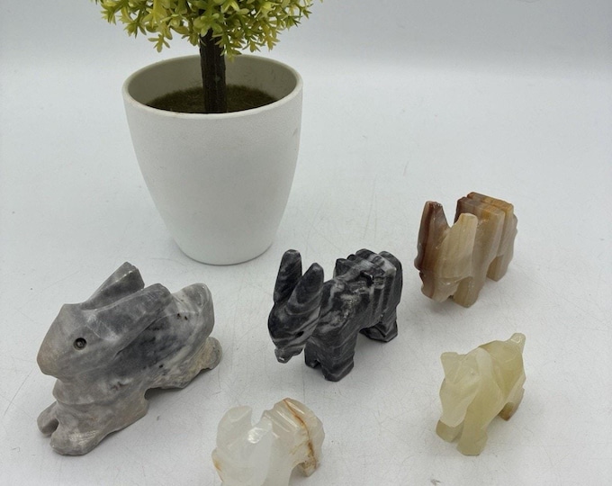 Lot 5 Hand Carved Stone Animal Figurines Onyx Marble Donkey Bunny Horse