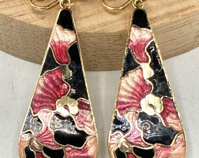 Vintage Cloisonne Enamel Long Teardrop Dangle Clip Earrings Pink Floral 2.5 In