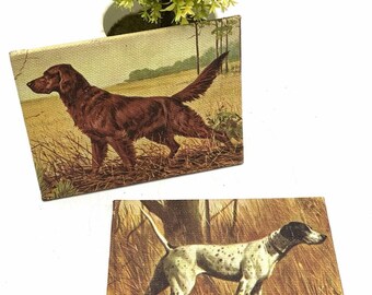 Vintage canvasprints van sportieve honden: een setje Ierse Setter en een mini-Engelse Pointer.