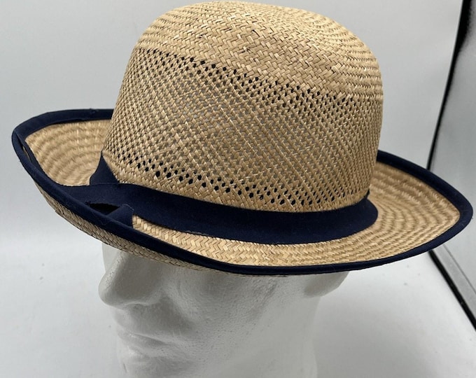 Vtg Beige Natural Straw Fedora Bowler Hat OS Made In Korea Navy Blue Band Accent