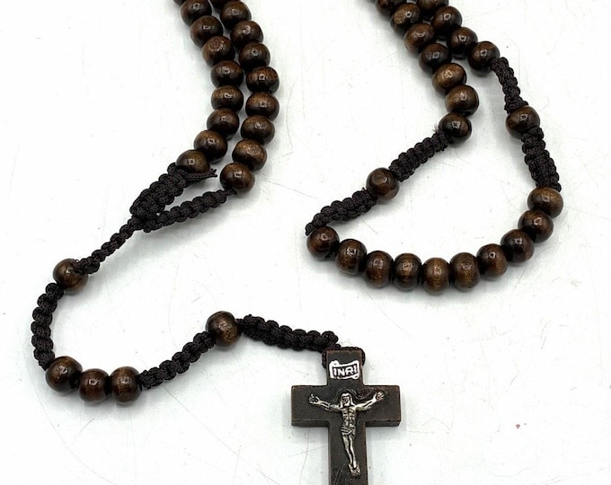 Wood Bead Cord Crucifix Necklace Jesus Cross Knotted Religious Prayer