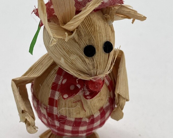 Vintage Corn Husk Handmade Mouse Doll Christmas Ornament Figurine 4" Tall
