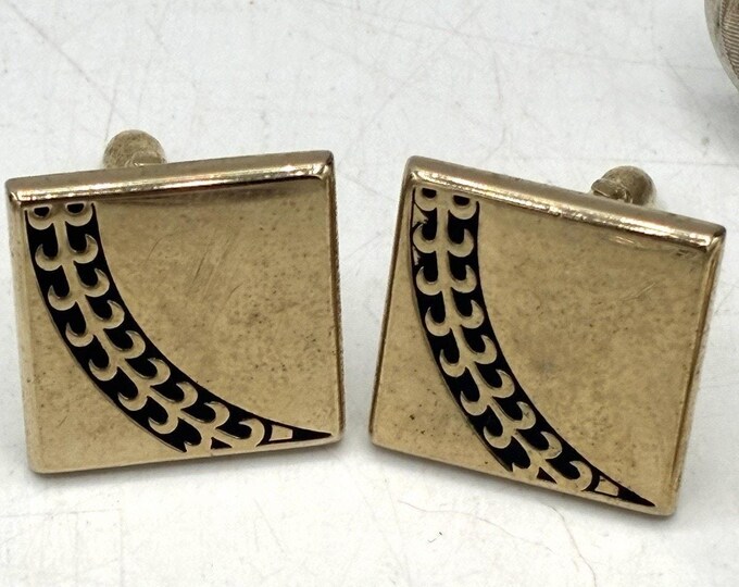 Vintage Swank Cufflinks Gold Black Scale Fan Pattern Square Mid Century