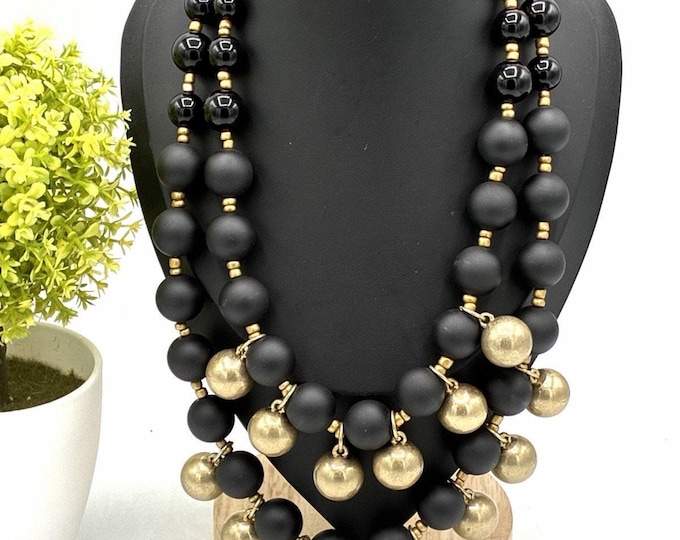 Black Gold Statement Necklace 20” Double Strand Beaded Ball Dangle Vintage Style