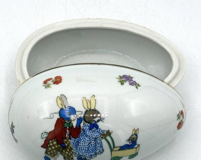 Lefton China Egg Trinket Box Bunny Rabbit Family Hand Painted NE1894 Easter