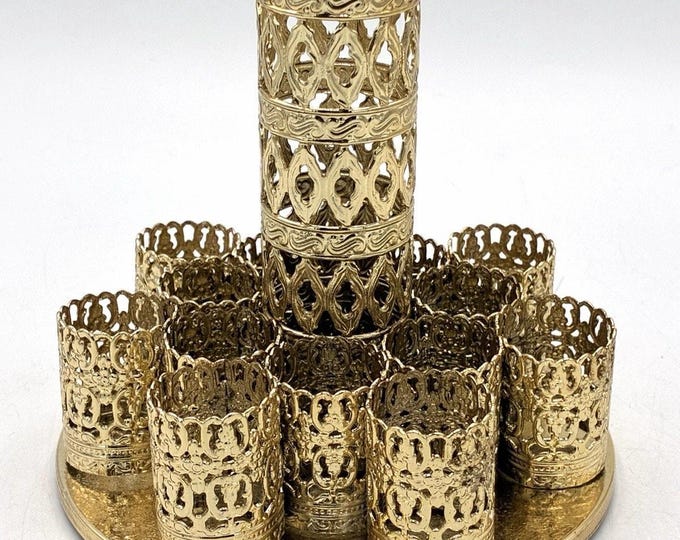 Vintage Gold Tone Filigree Lipstick Holder Vanity Organizer Multi Slot Ornate