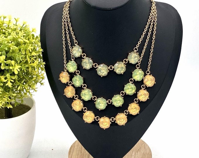 18” Green Yellow Opalescent Crystal Statement Necklace 3 Row Gold Tone