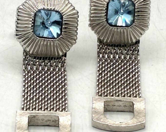 Vintage SWANK Cufflinks Blue Crystal Silver Tone Mesh Wrap Mid Century