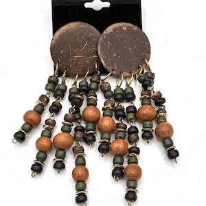 Vintage oorbellen met kralen van kokosnootschalen, 3,5 inch (9 cm), statement boho oorbellen voor gaatjes in de oren.