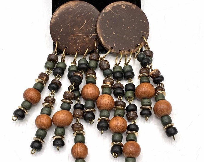 Vintage Coconut Shell Wood Bead Dangle Earrings 3.5” Statement Boho Pierced