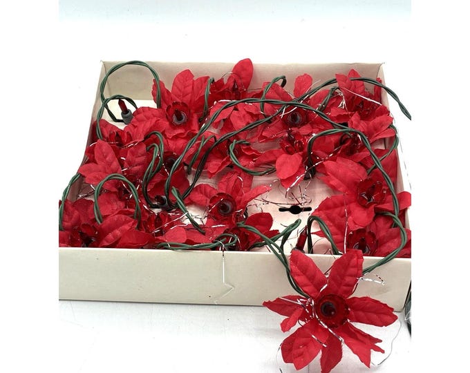 Vintage Kmart 20 Silk Poinsettia Christmas Lights 12 Ft Red Working Box