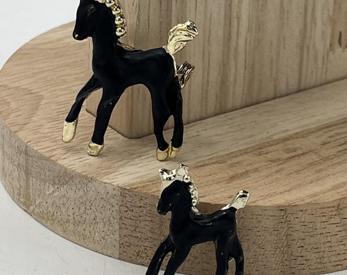 Vintage Horse Pins Mare and Foal Pins Black Enamel