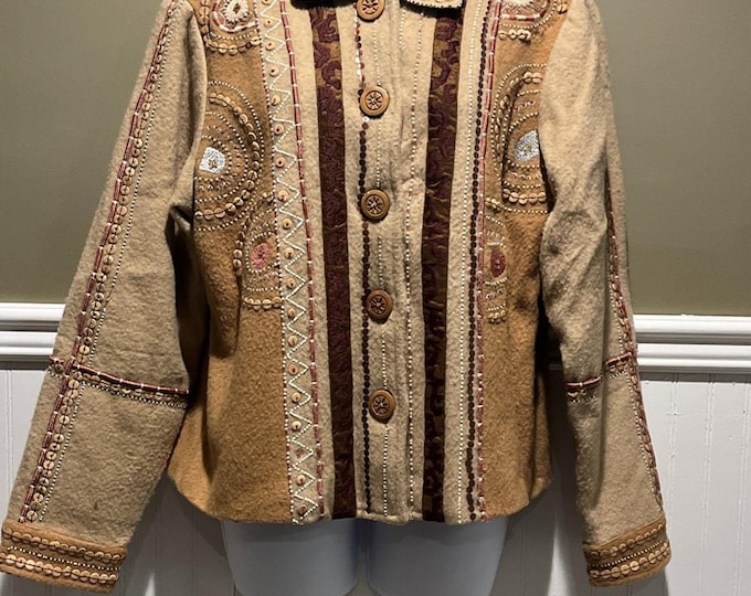 vtg Sandy Starkman tan Jacket Womens L Embroidered Embellished Boho Art To Wear AS IS