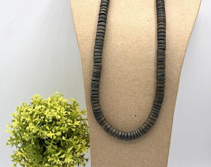 Vintage Gray Green Stone Disc Heishi Bead Necklace Serpentine Soapstone 20in